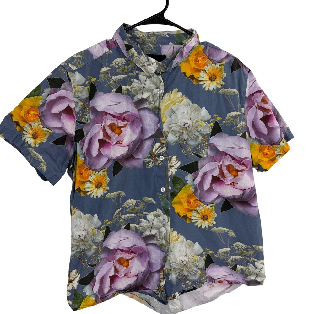 Wildfang Shirt Womens XL Blue Floral Essentials Short Sleeve Button Front WFS08
